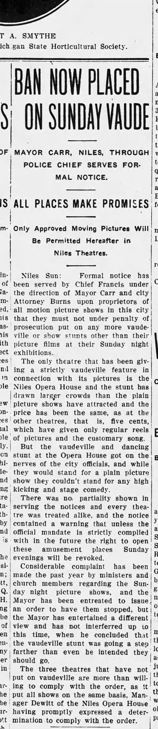 Niles Opera House - 09 DEC 1910 ARTICLE ON SHOWING FILMS